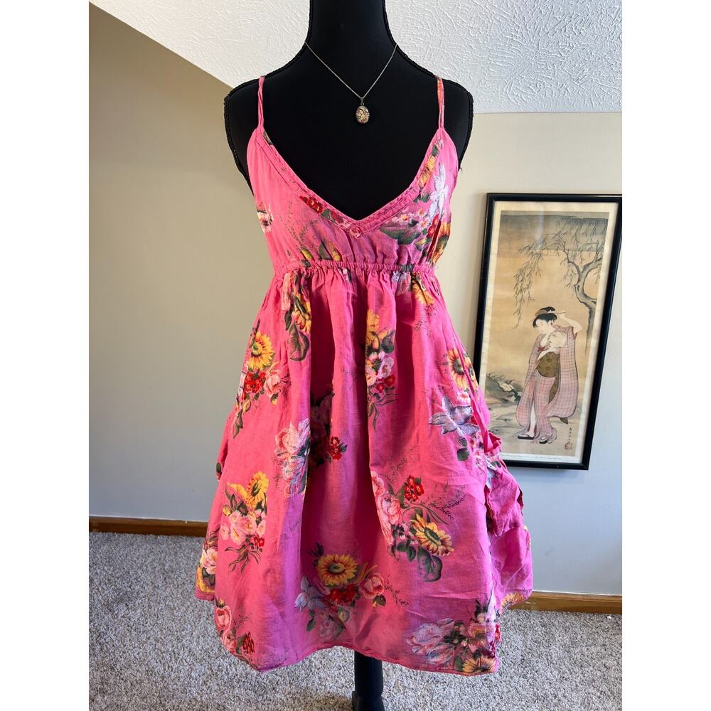 Derek Heart Smocked Mini Sundress Hot Pink Sunflower Cotton Asymmetric Medium